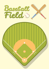 Flat green grass Baseball field from top view.  stadium with baseball ball, bat and text. Sport concept design. Vector illustration.