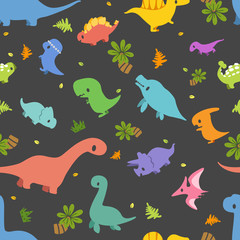 Dinosaur vector seamless pattern, Different type of cute cartoon dinosaurs on black background. It can be print and used as wallpaper, packaging, wrapping paper, fabric and etc. Cartoon doodle style.