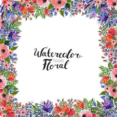 Watercolor Floral Background. Hand painted border of flowers. Good for invitations and greeting cards. Frame isolated on white and brush lettering. Spring blossom