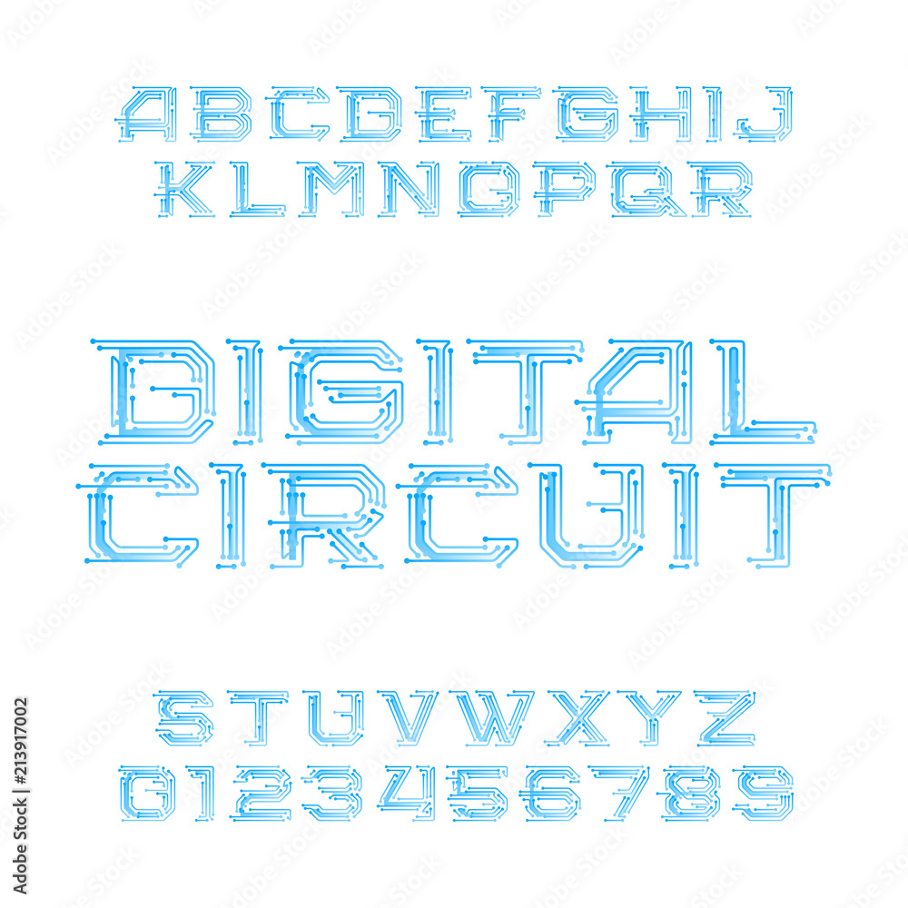 Fototapete digital circuit board alphabet font. digital hi-tech style letters and numbers. stock vector typefac
