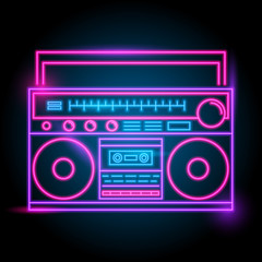 radio neon logo. glow in the dark. electric theme season. party night club. vector eps10.
