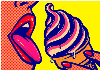 Pop art comics style sexy open mouth of woman eating ice cream cone with tongue out licking tasty delicious sweet treats vector illustration - obrazy, fototapety, plakaty