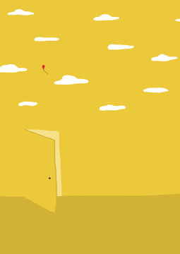 Red balloon escaping into clouds from yellow door
