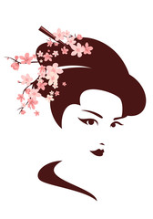 japanese geisha among cherry tree blossom vector portrait