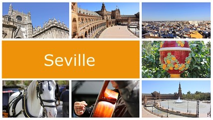 Collage of beautiful photos in and around the city of Seville, Spain.