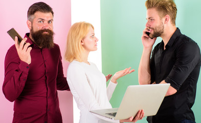 Line is busy. Team internet marketing work content creating. Social media marketing team. Men and...