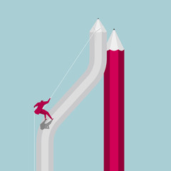Businessman rock climbing from pencil. The background is blue.