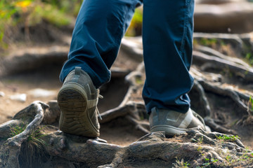 walking trek in the park, foot of a tourist close-up on stones