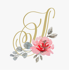 golden hand lettering font with handmade rose flower