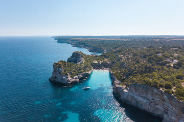 Aerial: Cala des Moro, beach of Mallorca, Spain