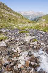 Muottas Muragl, Ova da Muragl, Bergbach, Wanderweg, Panoramaweg, Val Muragl, Alp Muragl, Alpen, Oberengadin, Graubünden, Sommer, Schweiz