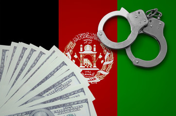 Afghanistan flag with handcuffs and a bundle of dollars. The concept of illegal banking operations...