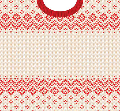 Ugly sweater Merry Christmas and Happy New Year greeting card frame border template. Vector illustration knitted background pattern with folk tribal style scandinavian ornaments. White, red colors.