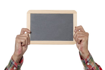 man's hands hold a slate blackboard isolated on whithe background with copy space and clipping path included