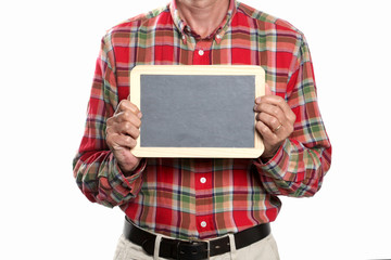 man hold a slate blackboard isolated on white background with copy space and clipping path included