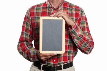 man hold a slate blackboard isolated on white background with copy space and clipping path included