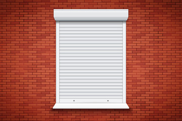 Closed Roller Shutters Window on red brick wall. Protect System Equipment. White color. Vector Illustration isolated on background.