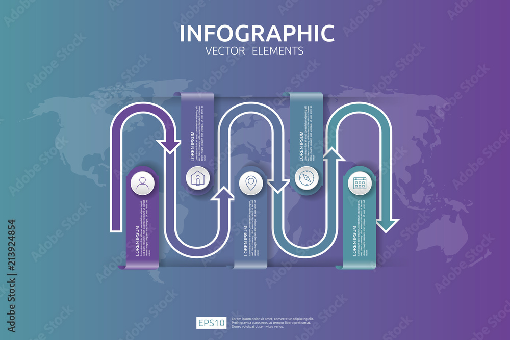 Poster 5 steps infographic. timeline design template with arrow element and world map pin background. busin