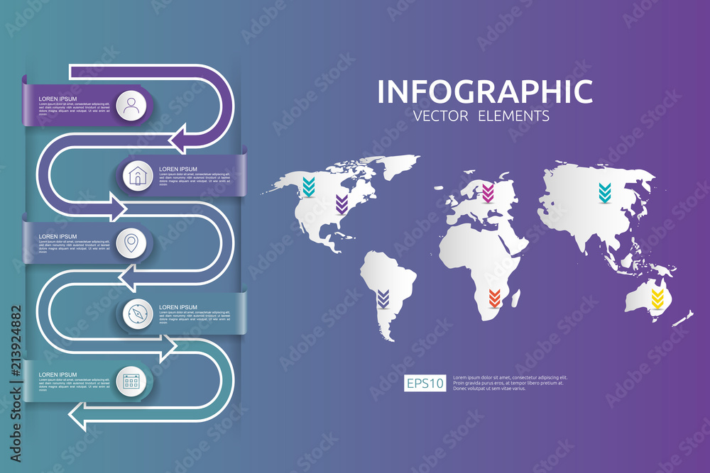 Poster 5 steps infographic. timeline design template with arrow element and world map pin background. busin