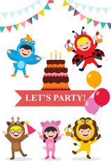 birthday card invitation with kids in animal costume