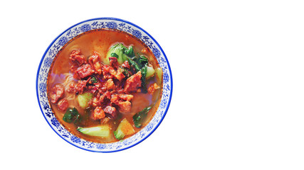 Top View of Chinese Muslim Noodle with Meat and Vegetables in A White Bowl.  Selective Focus and Isolated on White Background with Clipping Path or Selection Path and Copy Space for Text.
