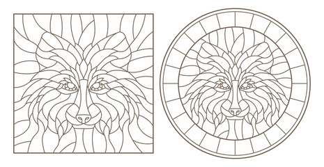 Set of contour stained glass illustrations with raccoon head, round and square image, dark outline on white background