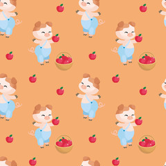 Colorful seamless pattern with the image of cute pig. Vector background.