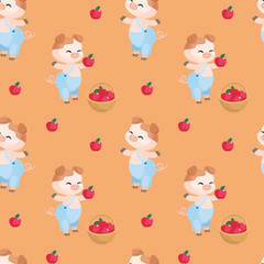 Colorful seamless pattern with the image of cute pig. Vector background.