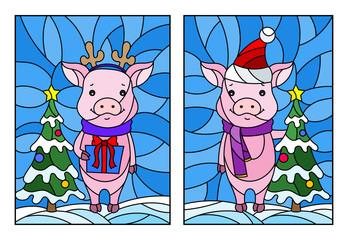 A set of illustrations in the style of stained glass with a pair of cartoon pigs and a Christmas tree on a background of snow and sky