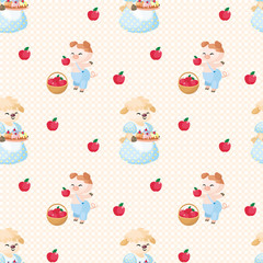 Colorful seamless pattern with the image of cute sheep and pig. Vector background.