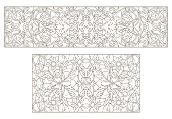 Set contour illustrations of stained glass with abstract swirls and flowers , horizontal orientation