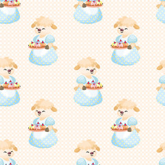Colorful seamless pattern with the image of cute sheep. Vector background.