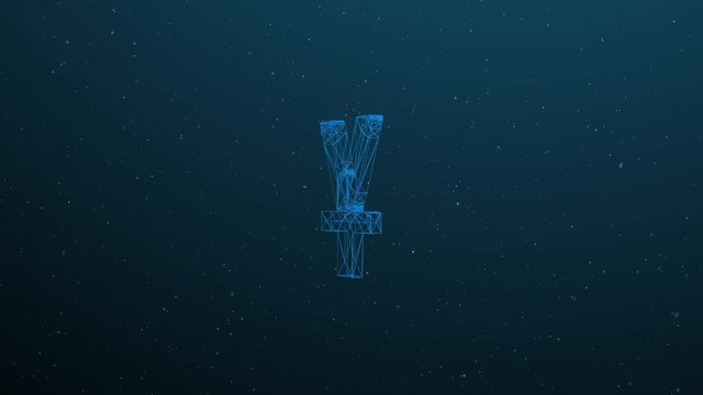 Abstract futuristic polygonal Yuan Sign on dark blue background. Business and Technology Concept