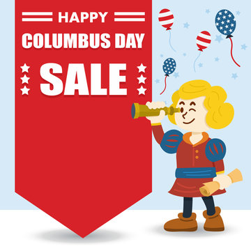 Columbus Day Sale Banner with cute cartoon of Christopher Columbus, 
Vector Illustration