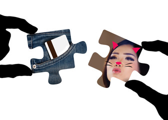 conceptual composite with puzzle piece matching on greedy materialistic gold digger woman with...