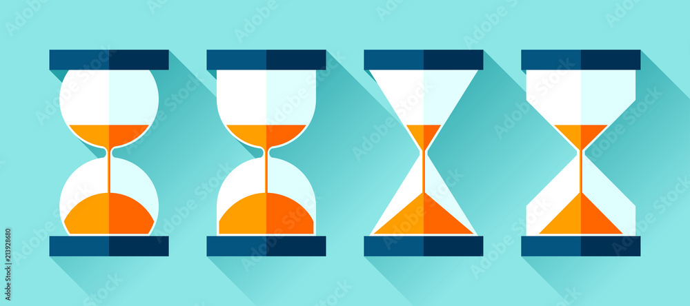 Poster different hourglass icons set in flat style, sandglass on color background. vector design elements f