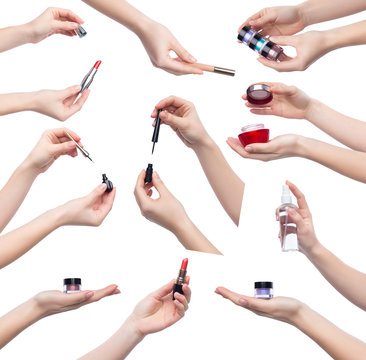 Collection of makeup cosmetics in hands