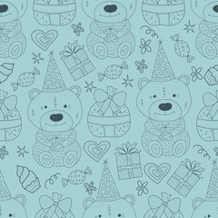 Birthday vector seamless pattern with cheerful cute elephant. Outline greeting illustration on a blue background.