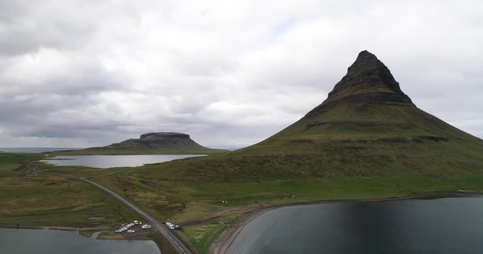 Aerial drone video of famous Kirkjufell mountain on West Iceland on the Snaefellsnes peninsula