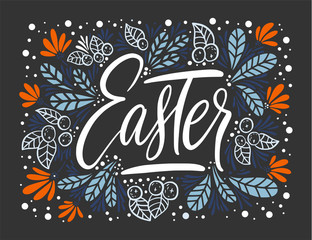 Easter vector lettering card. Easter. Ornate handdrawn postcard with ink lettering.