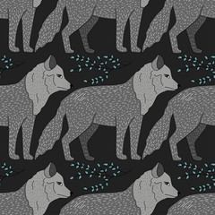 Fototapeta premium Seamless vector forest pattern with cute color illustrations - wild gray wolf.