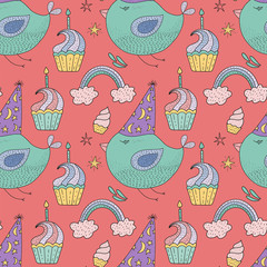 Birthday vector seamless pattern with cheerful cute bird. Cute greeting illustration.