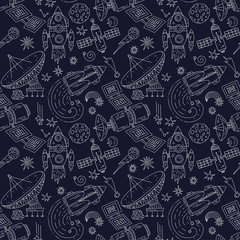 Seamless vector pattern with cosmos doodle illustrations. Galaxy handdrawn elements.
