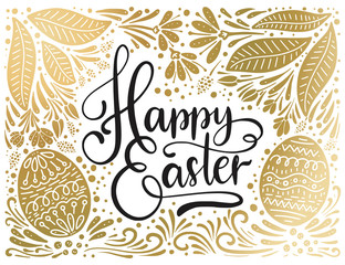 Easter vector lettering card. Happy Easter ornate postcard with eggs, leaves and flowers.