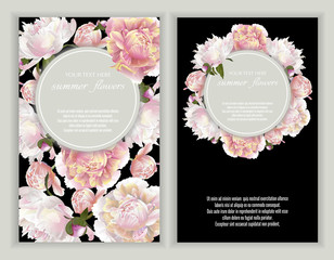 Vector banners set with peonies on black.Template for greeting cards, wedding decorations, invitation ,sales. Spring or summer design. Place for text.