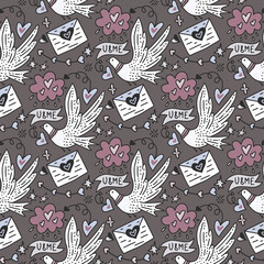 Naklejka premium Vector seamless pattern with cute white doves, letters of love and hearts. Happy Valentines day card.