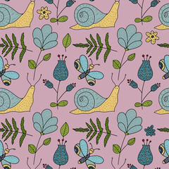 Seamless vector forest pattern with cute color illustrations.