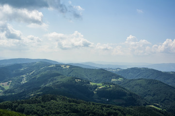 View and outlook from Velka Cantoryje hill, Silesian beskids, Czech Republic / Czechia and Poland - czech and polish mountains and beautiful nature. 