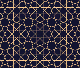 Arabic pattern background. Geometric seamless muslim ornament backdrop. Vector illustration of islamic texture. Traditional arabic decor on dark blue and gold background.