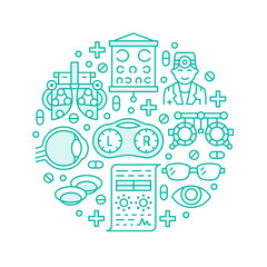 Ophthalmology, eyes health care circle porter with line icons. Optometry equipment, contact lenses, eye glasses, doctor, orb. Vision correction brochure signs for oculist clinic.